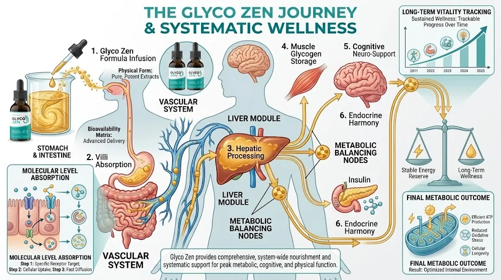 Brand infographic: the GlycoZen journey from drops through absorption, liver processing, muscle glycogen, insulin and brain support